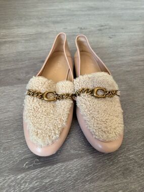 Coach Women's Pink Helena Shearling-Trim Loafers with Chain Accent in Pale Blush